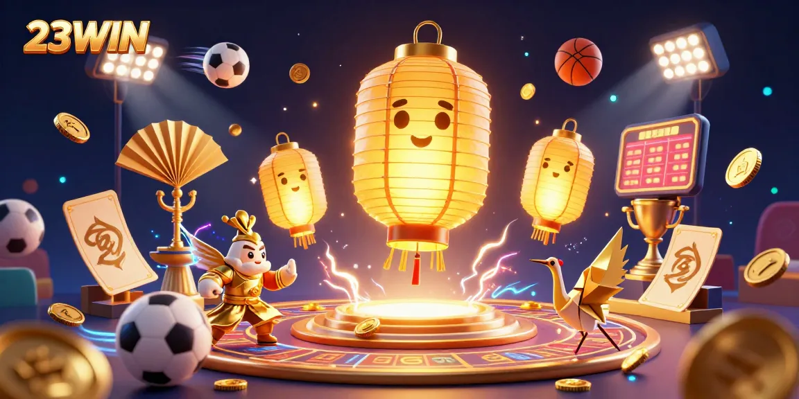 Engage with the thrilling atmosphere of 23WIN's online casino, highlighted by dynamic sports elements and glowing symbols.