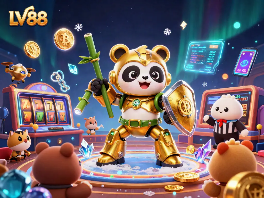 Engage with thrilling LV88 casino action featuring a golden panda robot in a vibrant arena.