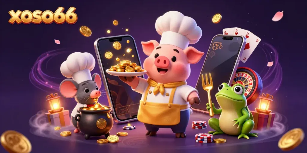 Engage with xoso66 in a dynamic casino scene featuring a cartoon chef pig serving gold coins, a mouse with molten gold, and a frog critic.