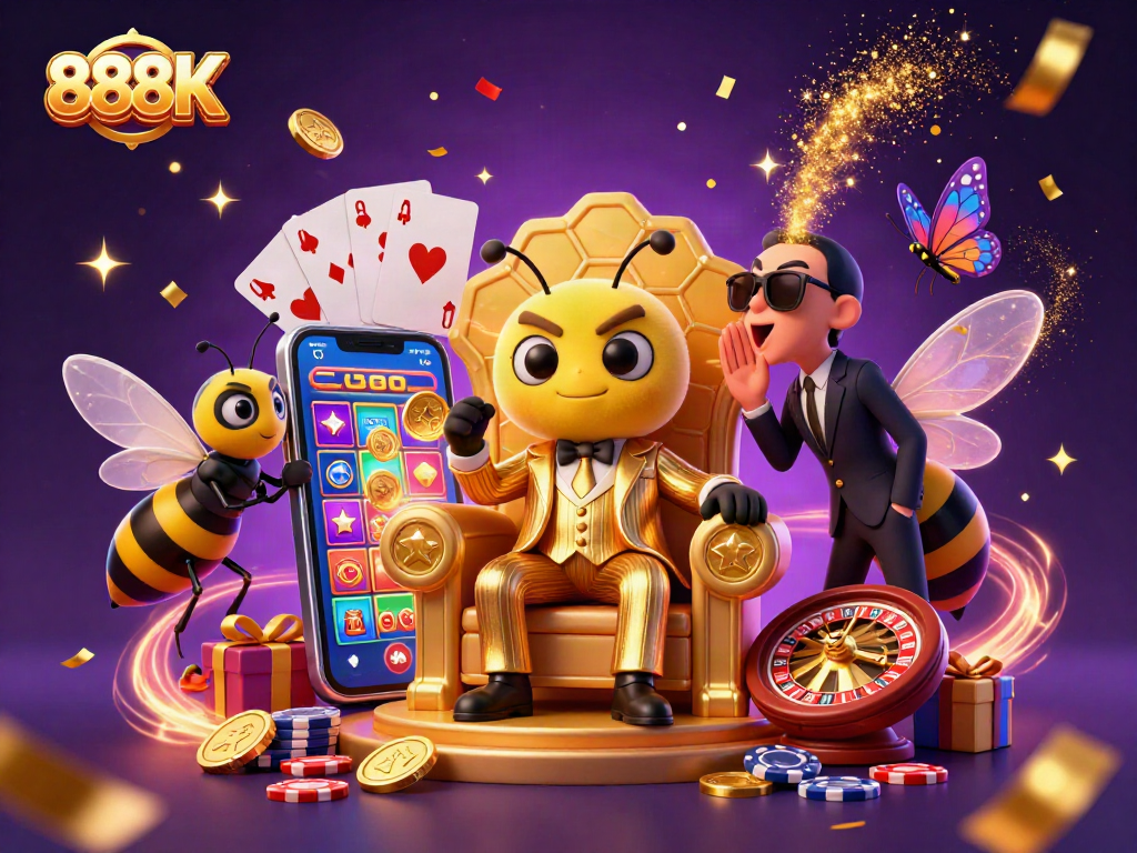 Engage in thrilling gaming with 888K's vibrant illustration showcasing a loaded casino scene filled with excitement.