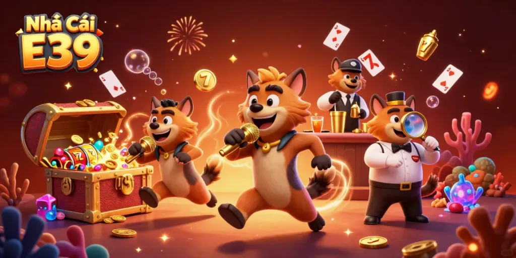 Join the fun at Nhà Cái E39 with lively hyenas enjoying casino games amidst floating jackpot symbols and treasure!