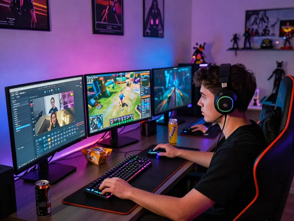 Gamer engaging with warung168 in vibrant online gaming setup.