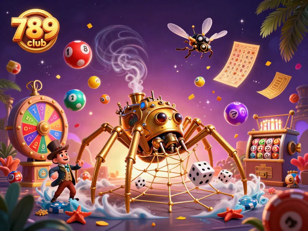 Engage with 789club's vibrant casino world, where lively lottery balls and a whimsical spider create dynamic gaming excitement.