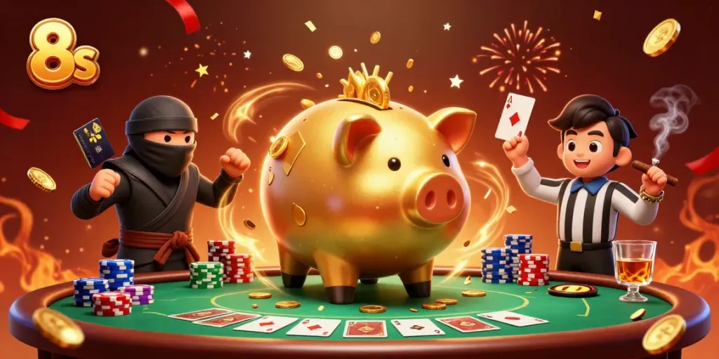 Engaging scene featuring 8s characters winning at poker with festive golden coins showering down.