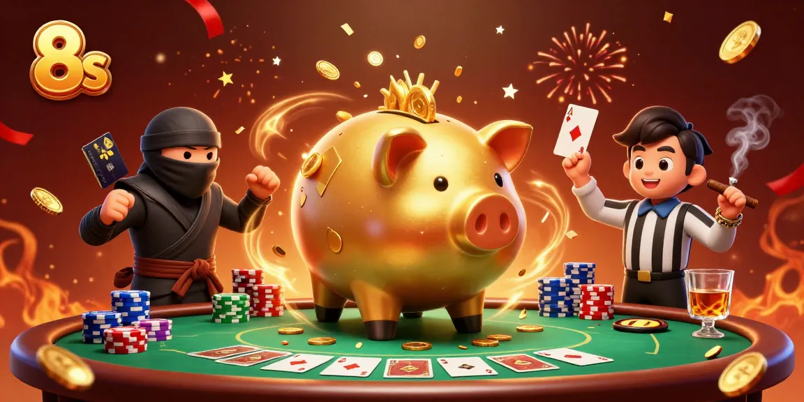 Engaging scene featuring 8s characters winning at poker with festive golden coins showering down.