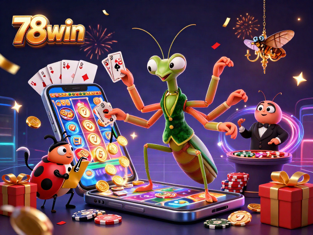 Experience unbeatable excitement with 78win as a giant praying mantis dealer and ladybug pit boss create a lively casino scene.