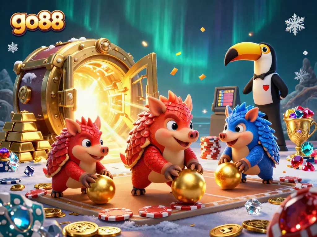 Engage with go88 as rival pangolins roll towards big winnings amidst poker chips and treasures.