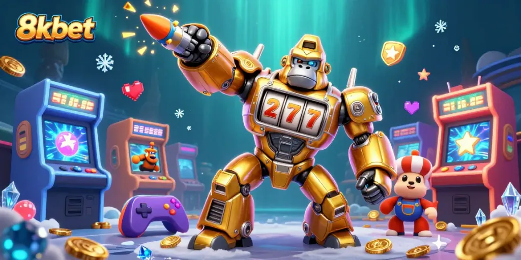 Experience thrilling slots action with 8xbet's vibrant 3D casino-themed illustration, showcasing exciting games and characters.