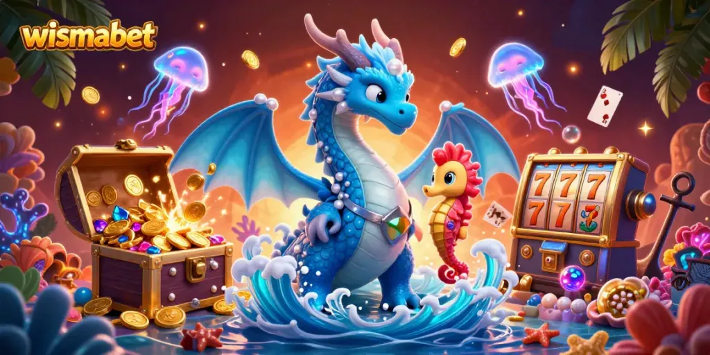 Wismabet menghadirkan slot mesin dengan naga air 3D dan kuda laut berani di tengah harta karun.