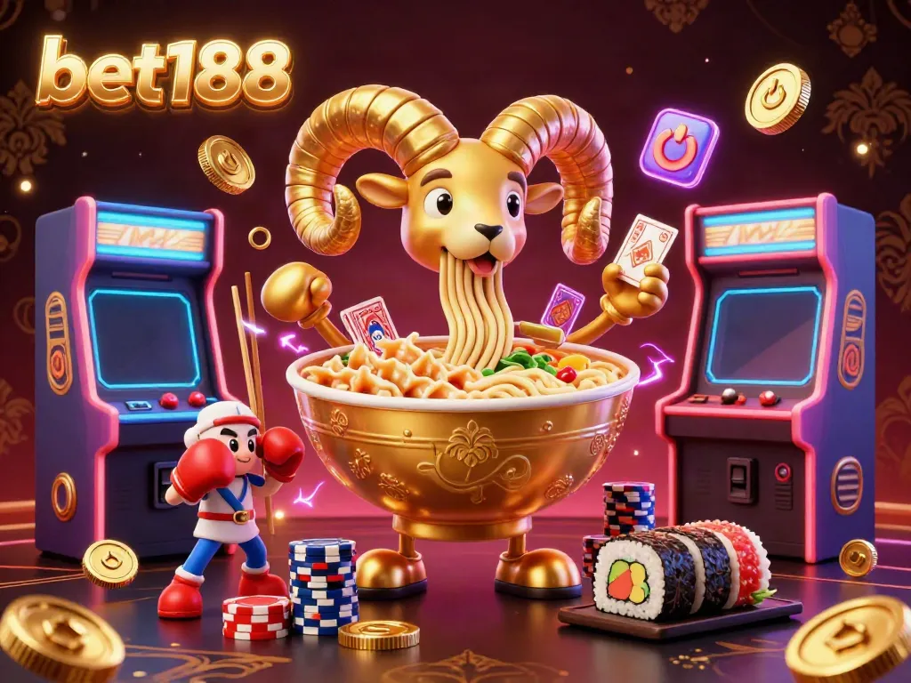 Engage in thrilling gameplay with bet188's dynamic characters, a giant ramen bowl and sushi dealer amidst a colorful casino scene.