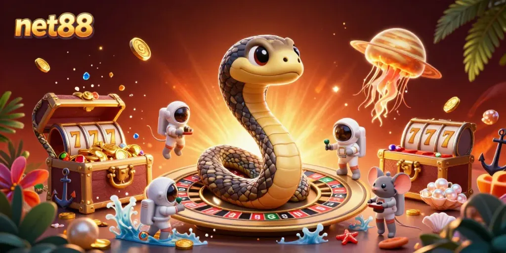 Experience the excitement of net88 with animated slot reels and vibrant characters in a cosmic casino atmosphere!