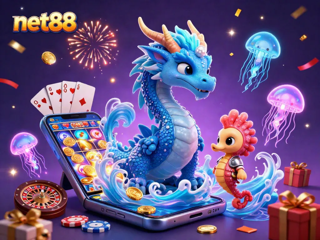 Experience thrilling wins with net88 in this vibrant 3D casino scene featuring slot games, neon creatures, and golden coins.