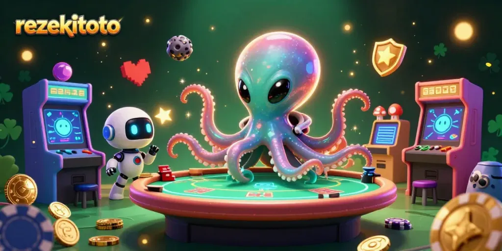 Experience rezekitoto with an alien octopus and a robot companion at a vibrant poker table.