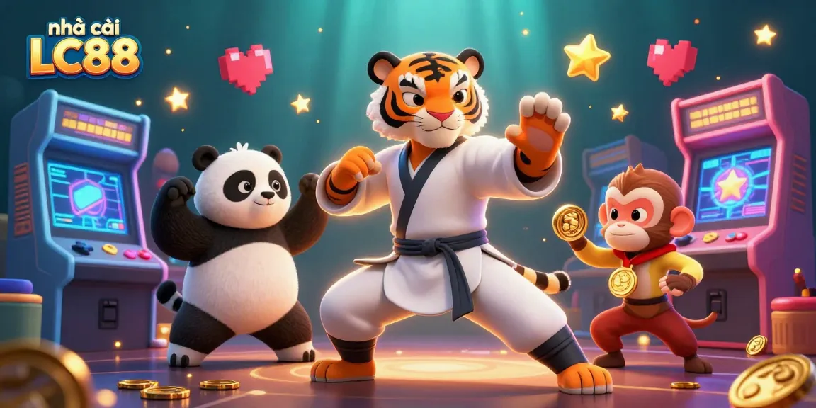Engage with thrilling games at nhà cái LC88 featuring a kung fu master, playful panda, and coin-collecting monkey.