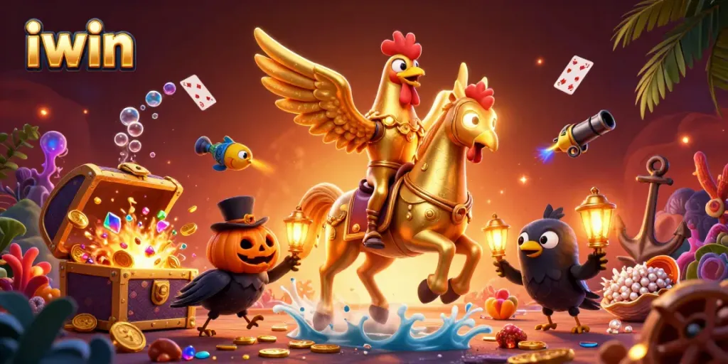iwin players immerse in a vibrant casino world, with a golden rooster leading the adventure.