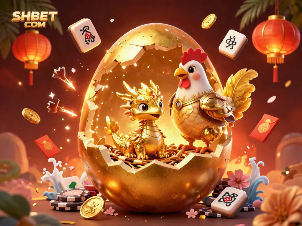 SHBET COM showcases a dazzling 3D scene with a golden dragon, poker chips, and lively game elements.