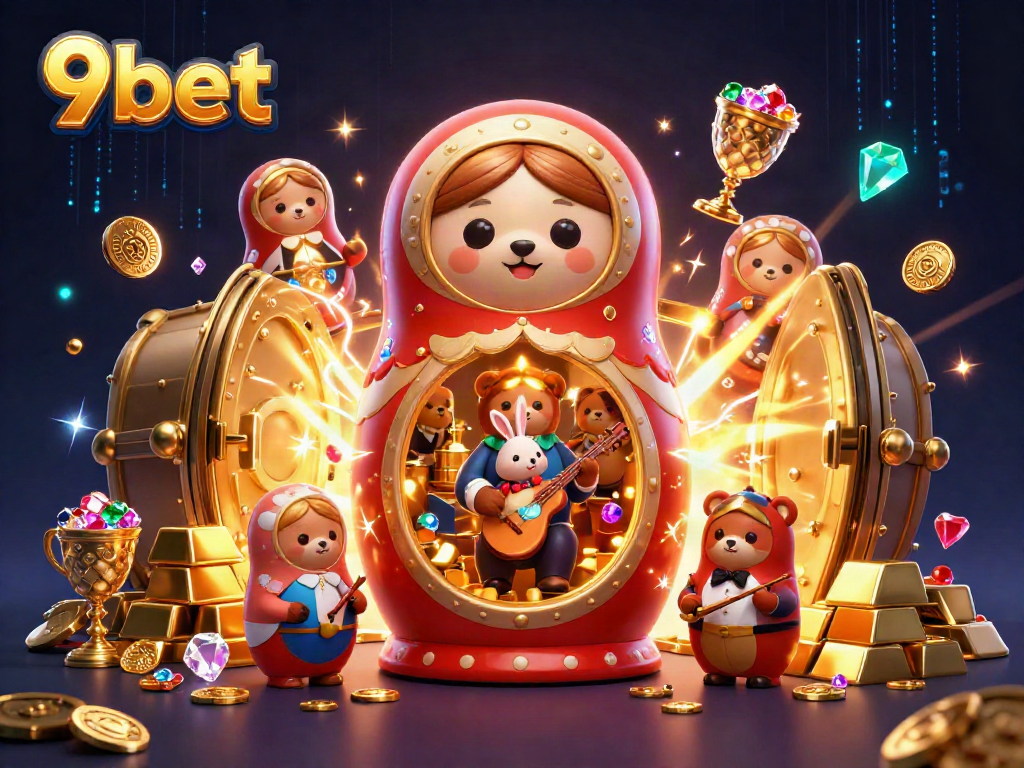 Experience the excitement of 9bet with a vibrant scene of casino-themed characters and treasures.