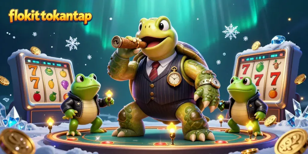 Flokitotokantap showcases a vibrant 3D casino scene with engaging characters and slot games.