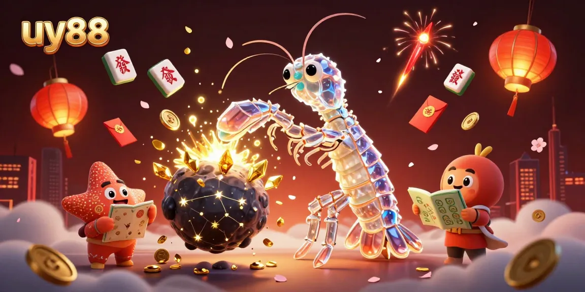 Experience the excitement of uy88 with a vibrant 3D illustration featuring a samurai mantis shrimp amidst gold coins and festive elements.
