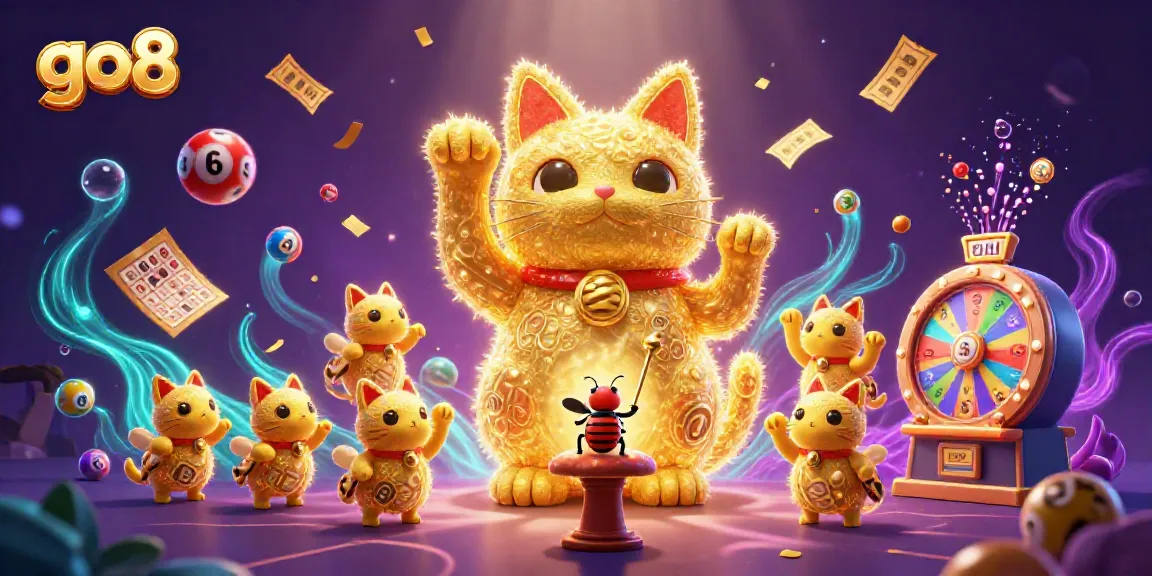 Engage with go8, a captivating giant lucky cat formed by golden fireflies surrounded by dynamic casino elements.