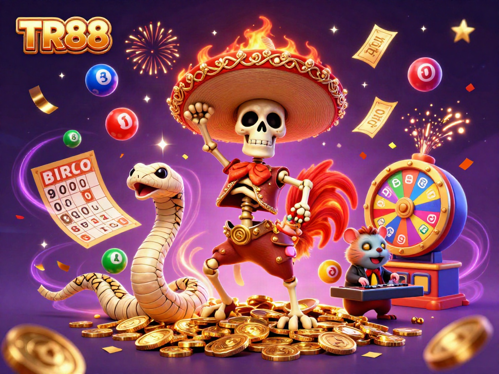 Experience the thrill of gaming at TR88 with action-packed characters celebrating amidst colorful casino elements.