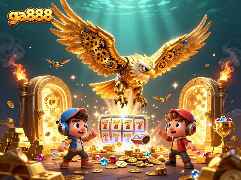 Experience the thrill of ga888 with a cybernetic golden eagle soaring through vibrant slot reels.