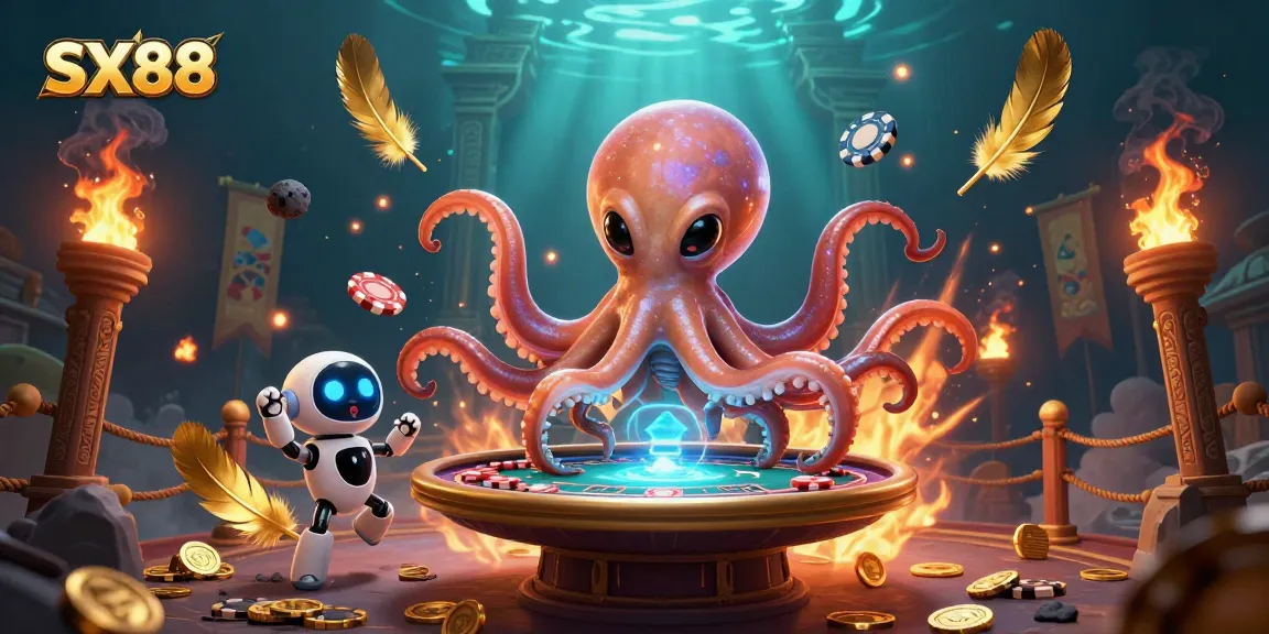 SX88 showcases an alien octopus in a shimmering suit managing a holographic poker table in a vibrant casino scene.
