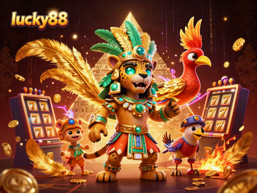 Engage in thrilling moments at lucky88 Casino with a vibrant slot machine scene featuring dynamic characters and elements.