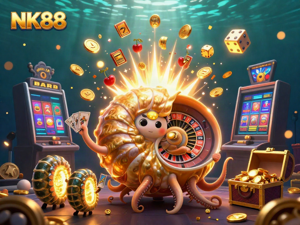 Experience thrilling gameplay with NK88's vibrant casino scene featuring a golden nautilus roulette and slot machines.