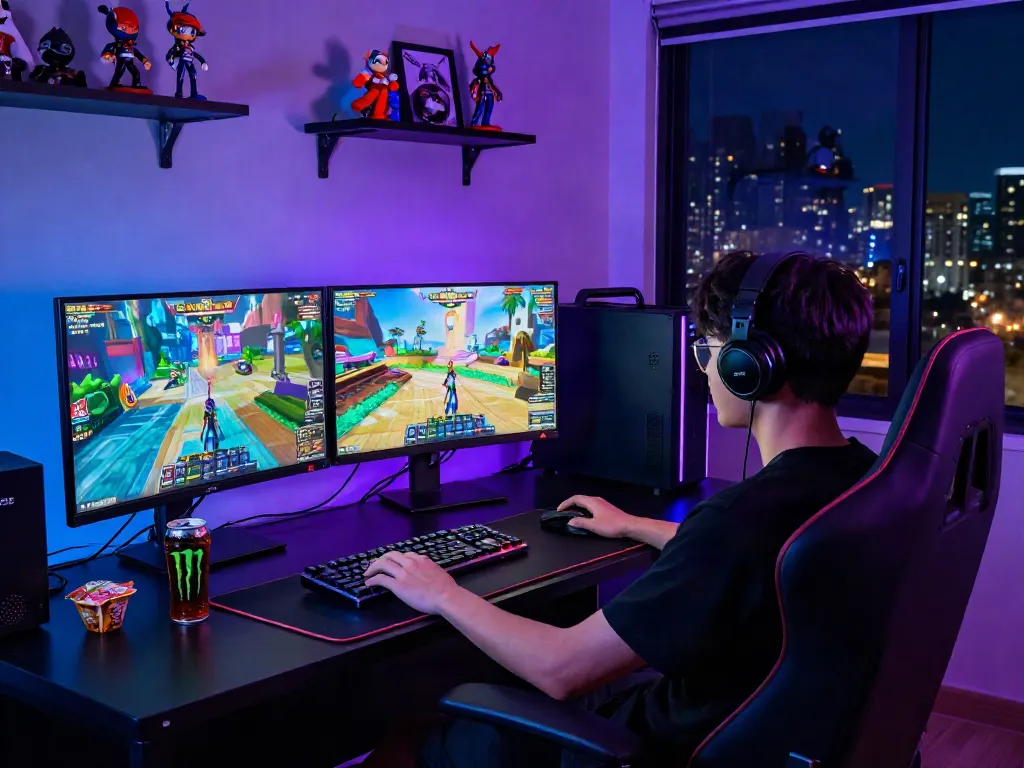 Player enjoying lumbung88 online slots in a vibrant gaming setup with monitors and collectibles.