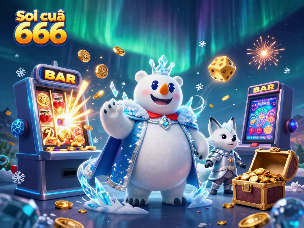 Soi cầu 666 showcases a festive 3D casino scene with characters and vibrant slot machines exploding with winnings.