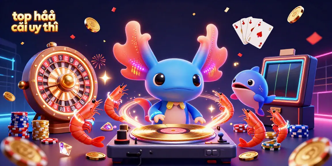 Experience the vibrant world of top nhà cái uy tín with a neon-colored axolotl DJ and dynamic underwater party scene.