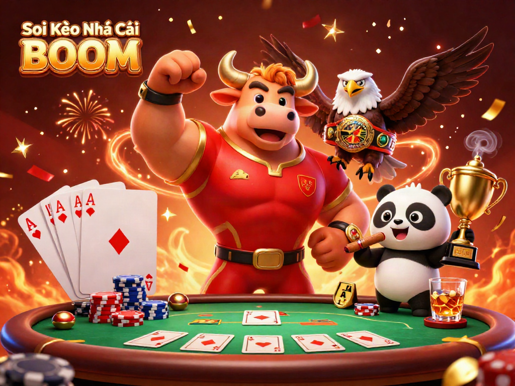 Soi Kèo Nhà Cái BOOM showcases a cheerful panda with a trophy beside a muscular bull in a red sports jersey.