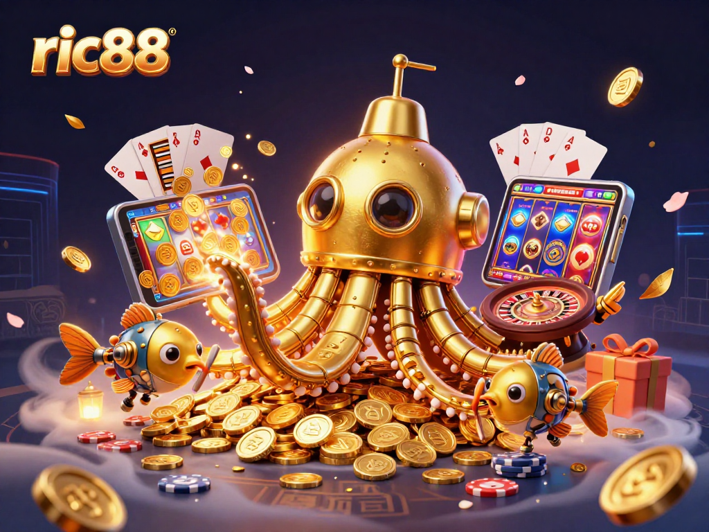 Experience winning thrills with ric88 in this vibrant casino-themed illustration showcasing a golden kraken.