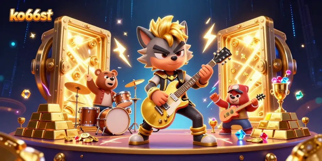 Experience the excitement of ko66st with a vibrant casino scene featuring a rock star wolf and drummer bear.