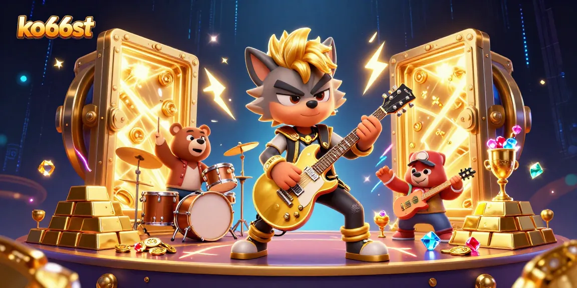 Experience the excitement of ko66st with a vibrant casino scene featuring a rock star wolf and drummer bear.