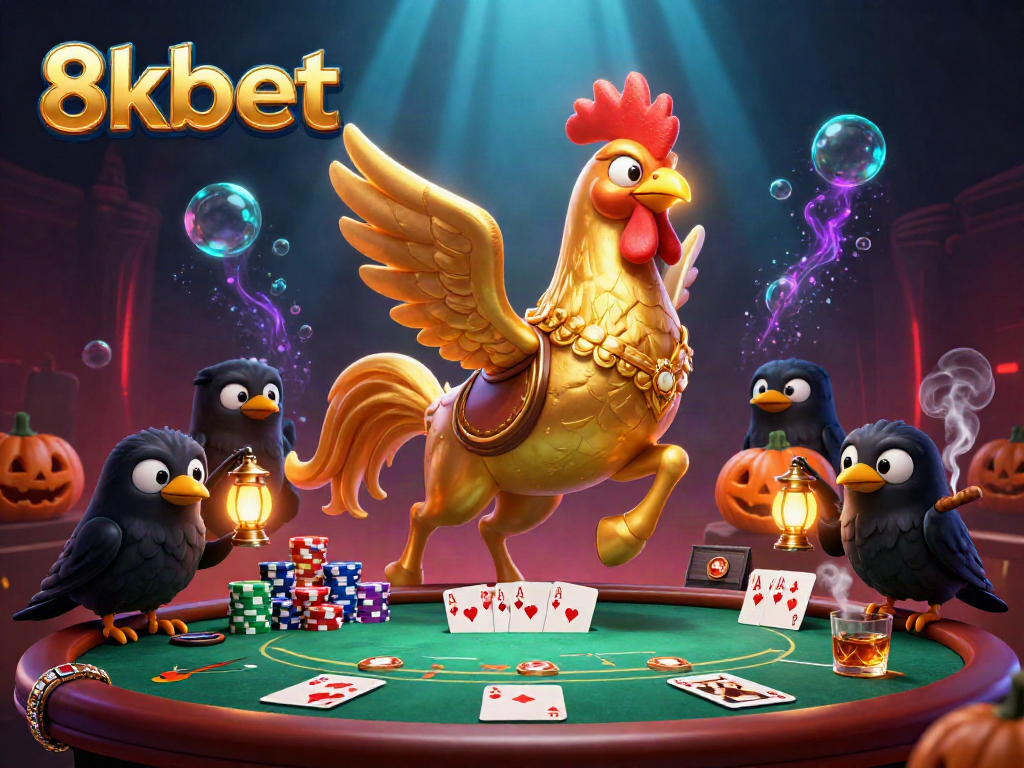 Engage with 8kbet in a vibrant casino scene featuring a golden rooster and crow companions bringing luck
