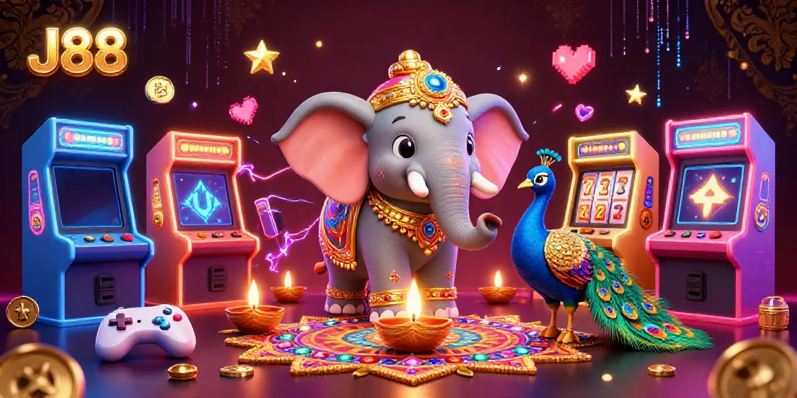 Experience J88's vibrant casino atmosphere with festive characters and dynamic gaming elements.