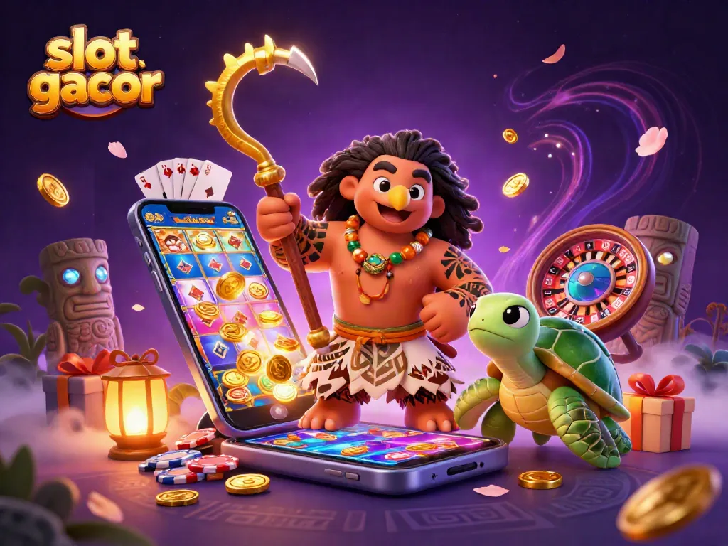 Experience the thrill of playing slot gacor as Polynesian demigod and turtle explore a vibrant casino scene.