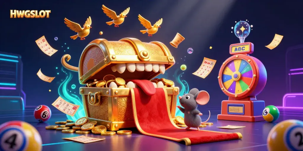Experience the thrill of HWGSLOT with an exciting illustration of a treasure chest luring adventurer mice amidst vibrant game elements.