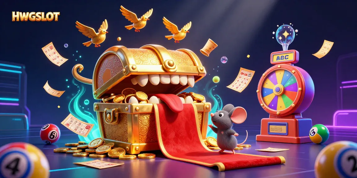 Experience the thrill of HWGSLOT with an exciting illustration of a treasure chest luring adventurer mice amidst vibrant game elements.