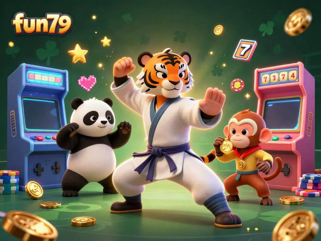 Experience the excitement of fun79 with vibrant 3D characters enjoying casino games and slot machines.