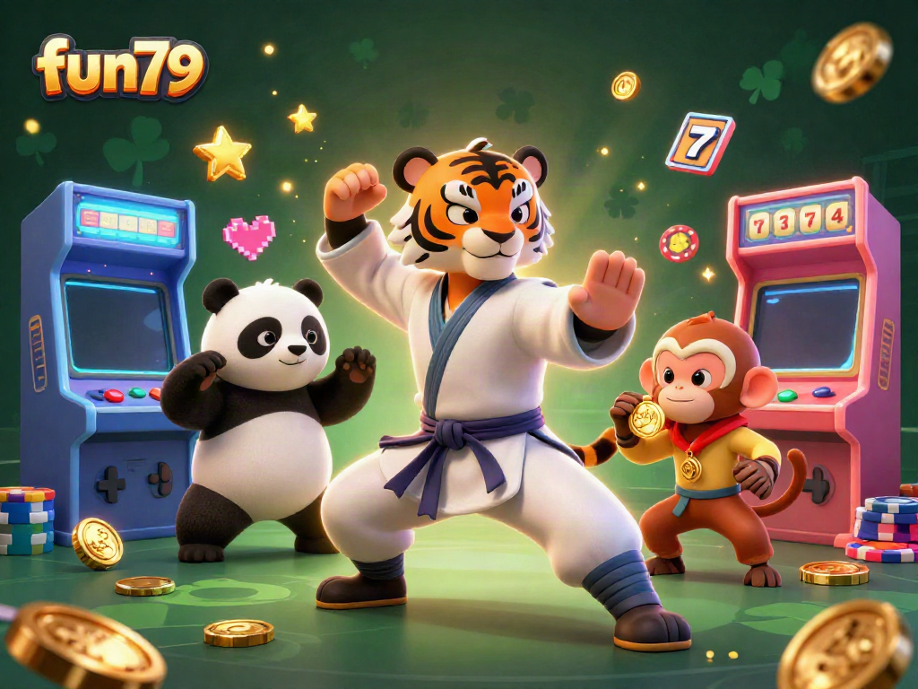 Experience the excitement of fun79 with vibrant 3D characters enjoying casino games and slot machines.
