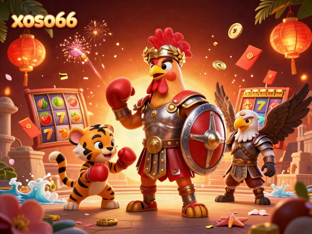 Experience the thrilling world of xoso66 slots with dynamic illustrations and vibrant casino symbols.