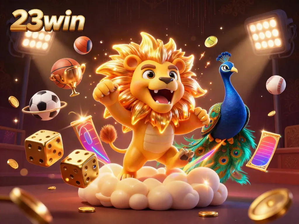 Engage with thrilling action at 23win with a dynamic and vibrant casino-themed 3D illustration.