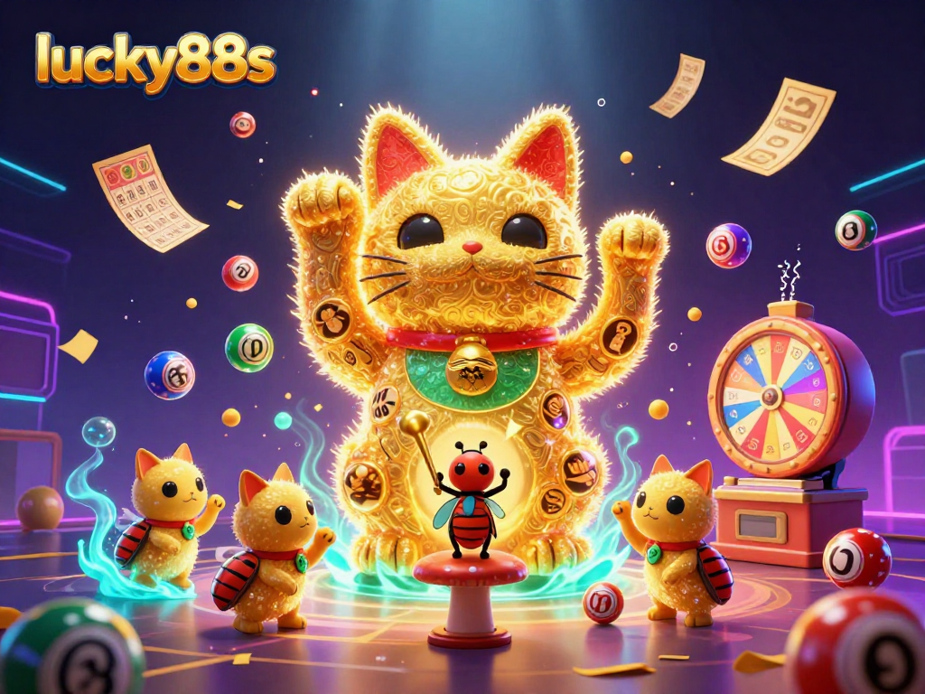 Experience thrilling gameplay with lucky88s as colorful lottery elements and a lucky cat enhance the gaming atmosphere.