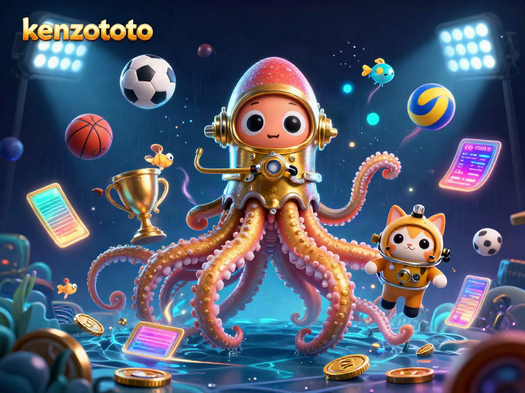 Experience the excitement of kenzototo with a kraken, diving cat, and vibrant sports elements.