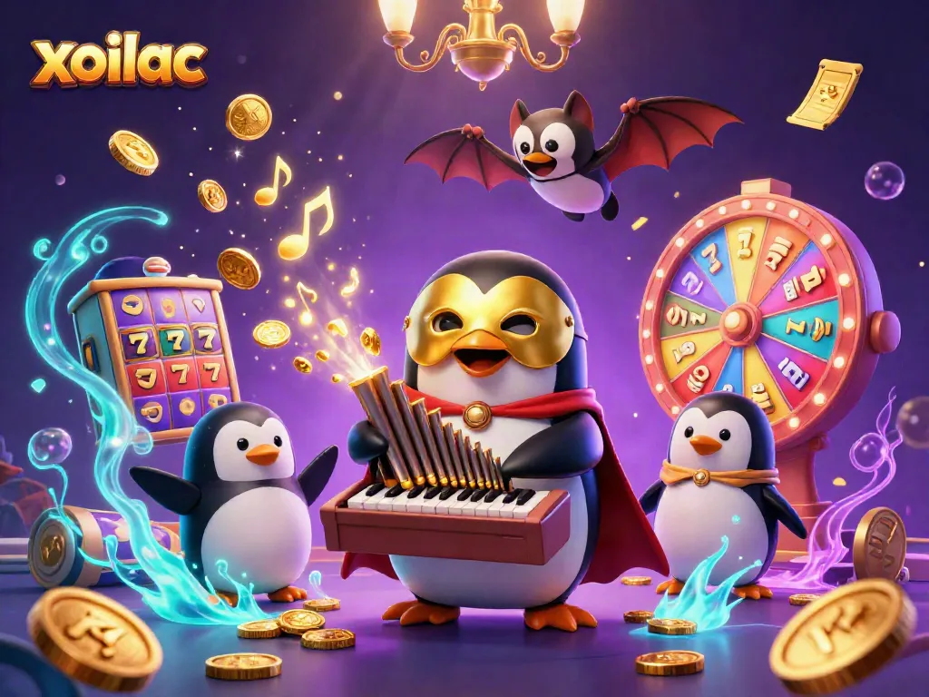 Xoilac delivers thrilling online gaming experiences with vibrant slot reels and golden coins in a digital illustration.
