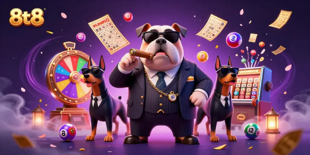 Engaging illustration of 8tt8 themed lottery scene with dynamic game elements.