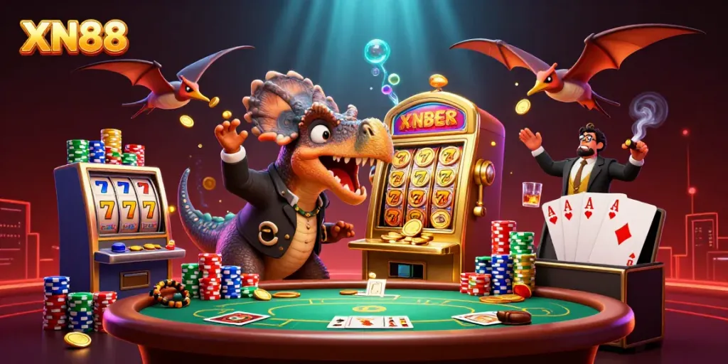 Experience XN88's thrilling slot action with vibrant casino elements and dynamic characters.